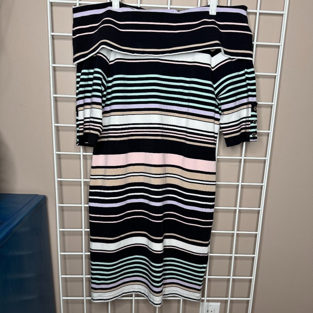 Tommy Hilfiger Palm Desert Polished Striped Off The Shoulder Dress, SZ SP